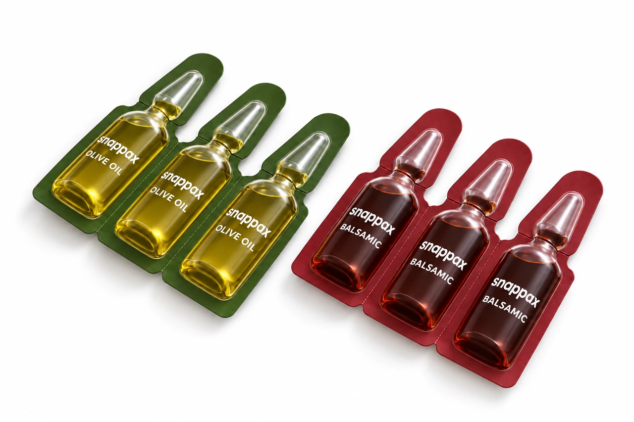 Illustrative Snappax olive-oil application in a break-tip plastic ampoule