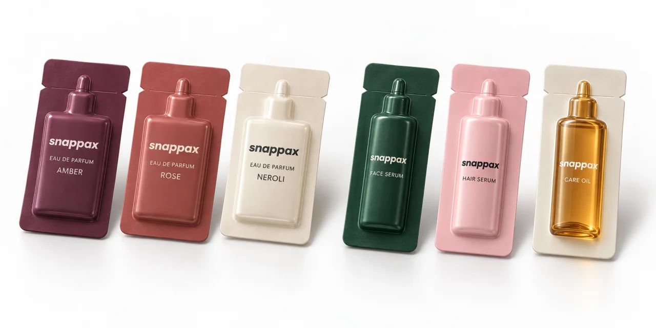 Snappax bottle-shaped single-dose sample packaging examples for skin and hair care