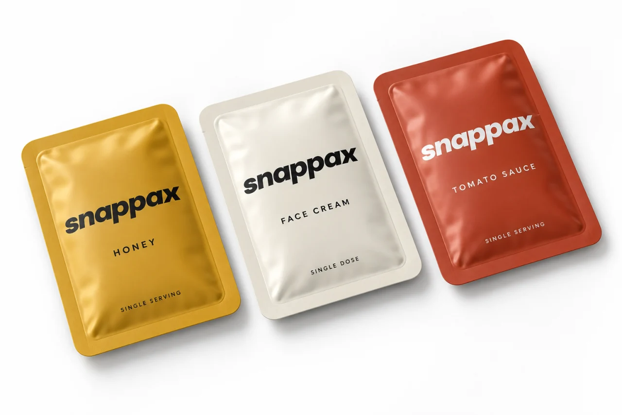 Coloured Snappax fold-to-open card examples for honey, cream and tomato sauce