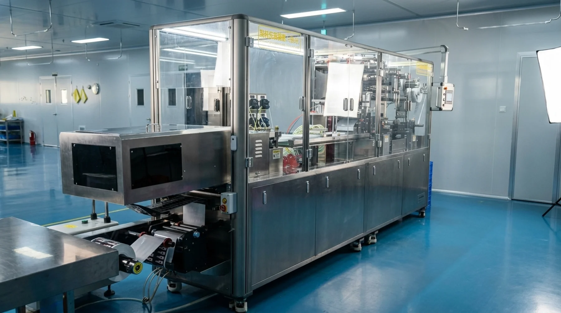 The full packaging line seen along its length in the production hall